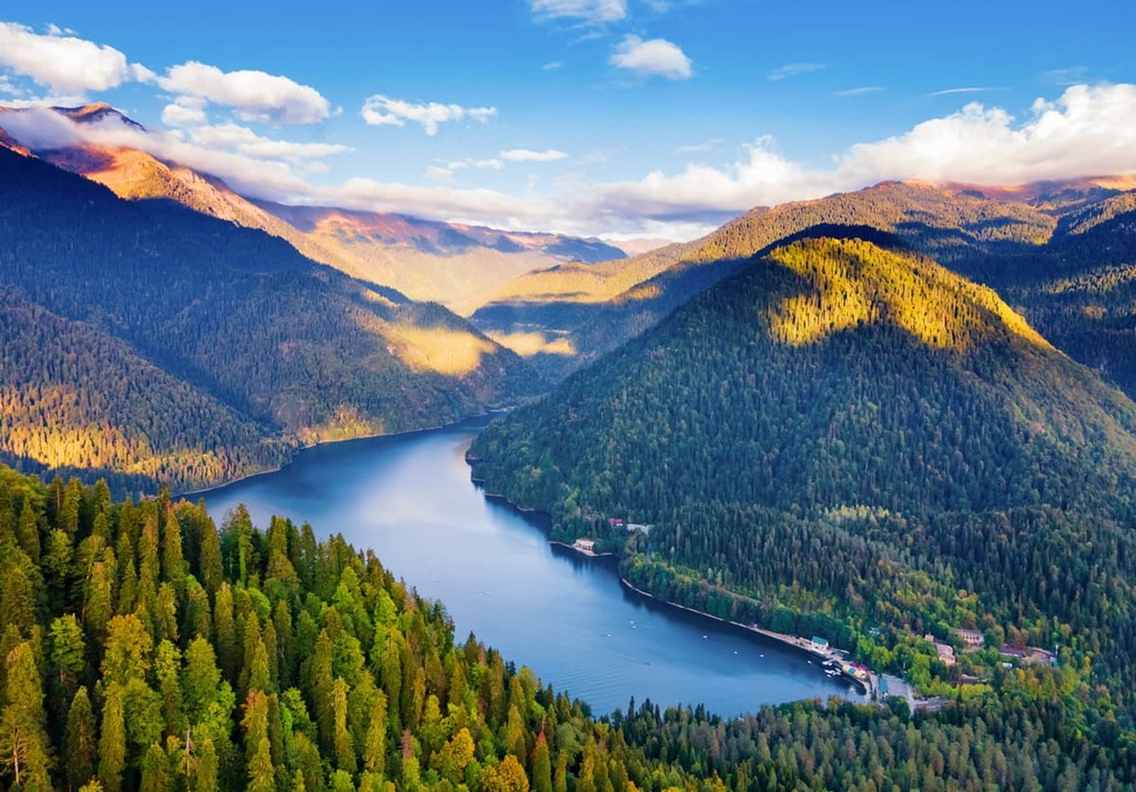 Lake Ritsa aerial panoramic view, Abkhazia