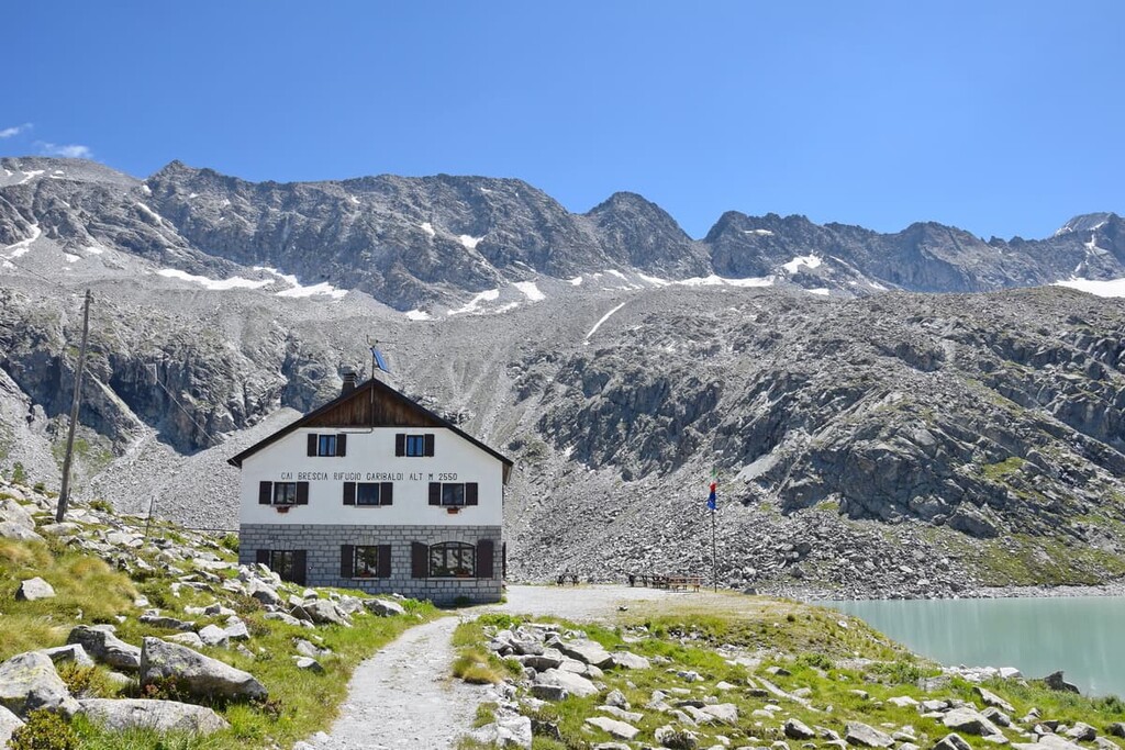 High altitude mountain hut Garibaldi Rifugio, Adamello-Presanella Alps, Italy