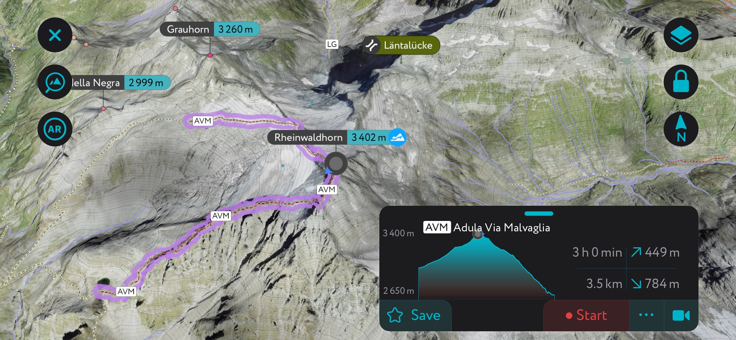 Rheinwaldhorn summit using PeakVisor. Adula Alps