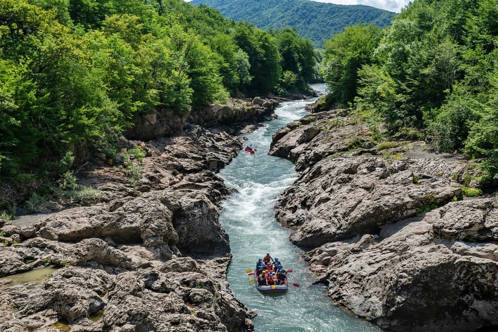 Rafting down a mountain river, Adygea, Russia