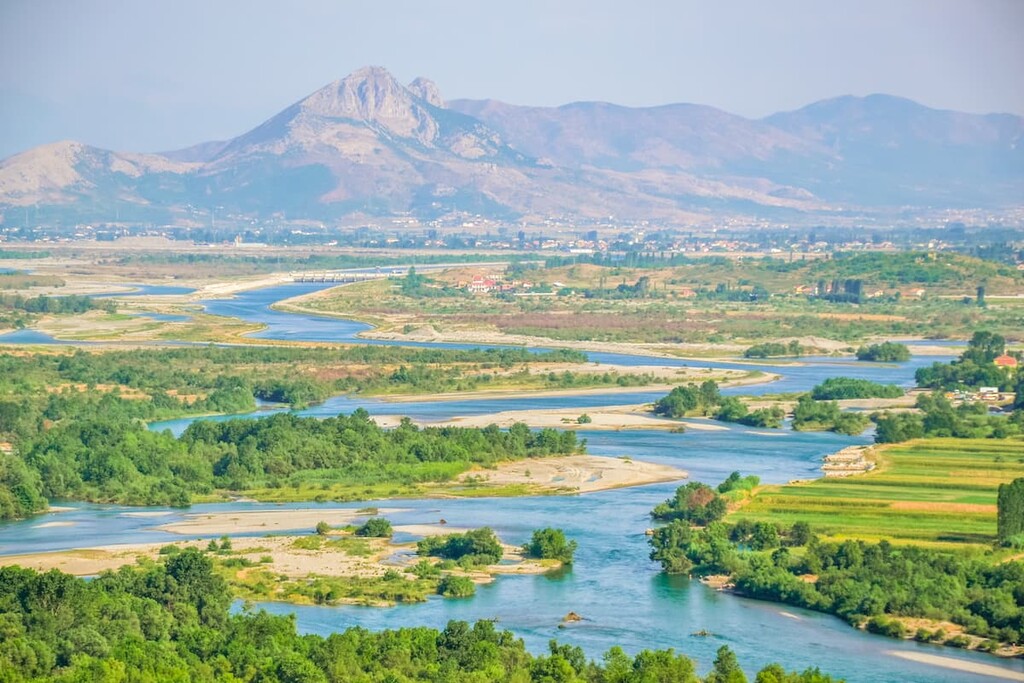 Meandres of river Drin in Shkodra, Albania mountain