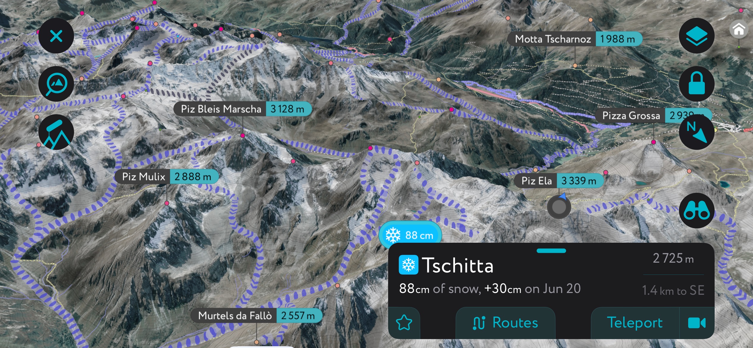 Albula Alps ski tours on PeakVisor’s mobile app in Winter Mode. Albula Alps