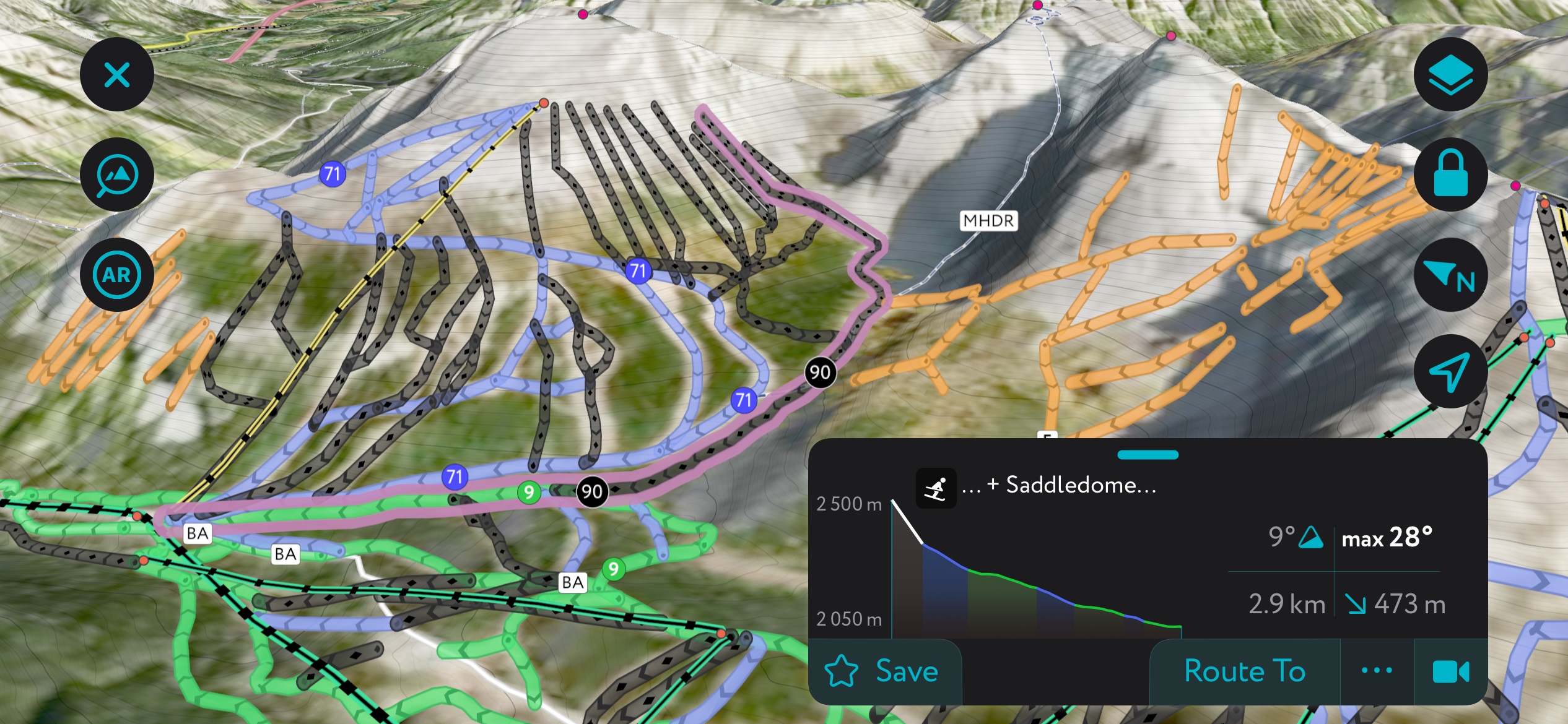 Goat’s Eye and Wild West Freeride Zones using Peakvisor’s app. Banff Sunshine Ski Resort