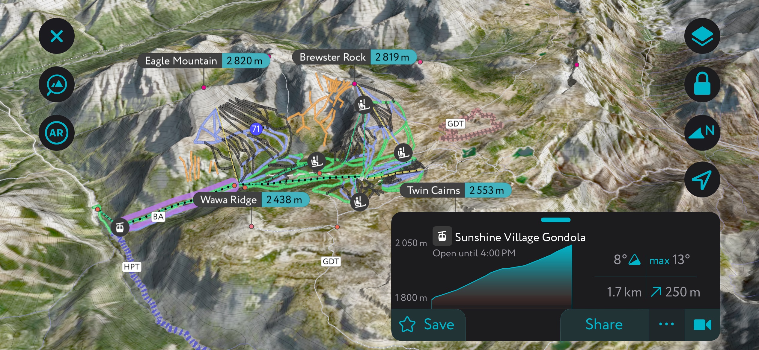 PeakVisor’s mobile app. Banff Sunshine Ski Resort
