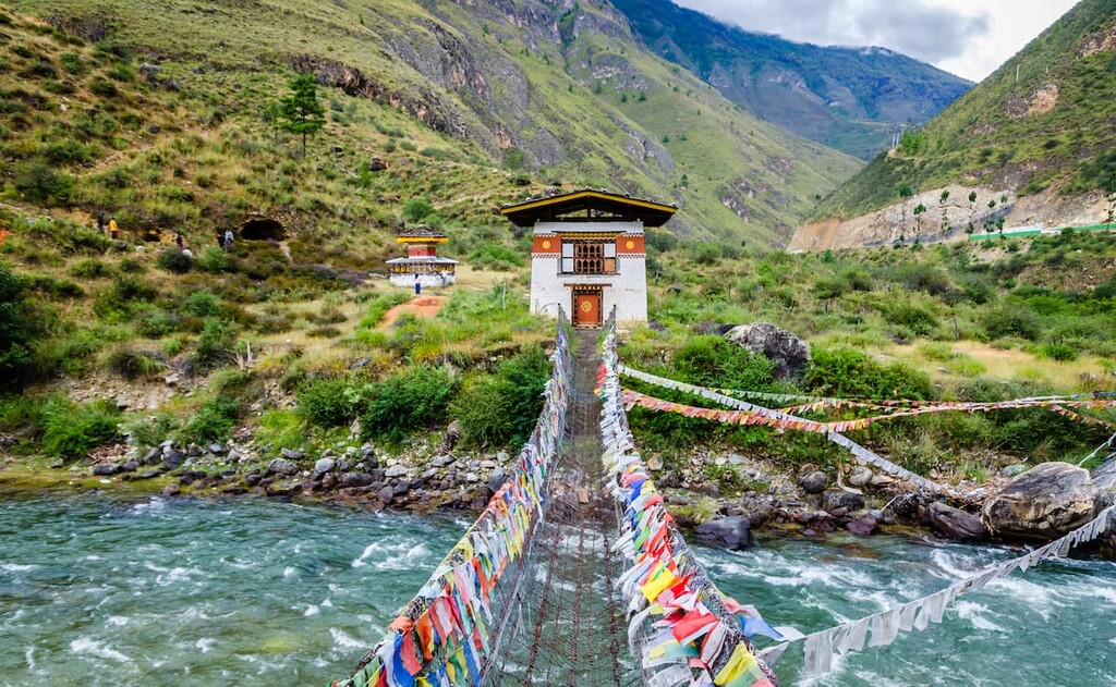 Iron Chain Bridge Of Tachog Lhakhang Monastery Paro River, Bhutan