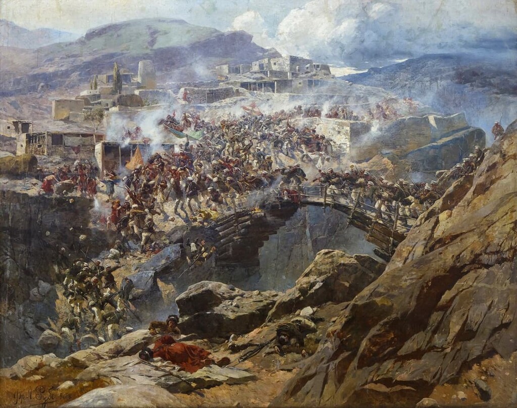 Siege of Imam Shamil’s fortress. Akhulgo Mountain, Dagestan, Russian North Caucasus