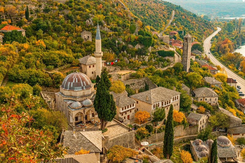 Alija Mosque overlooking the Neretva River, Pocitelj, Bosnia and Herzegovina, Dinaric Alps