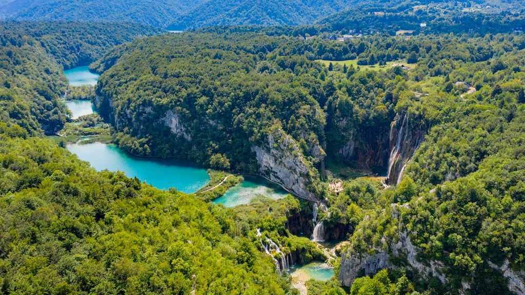 Plitvice Lakes aerial, Dinaric Alps