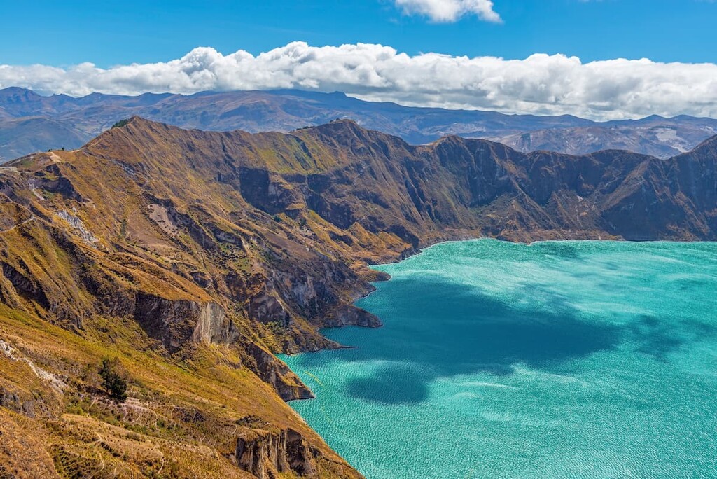 Quilotoa crater lagoon landscape near Quito, Ecuador.