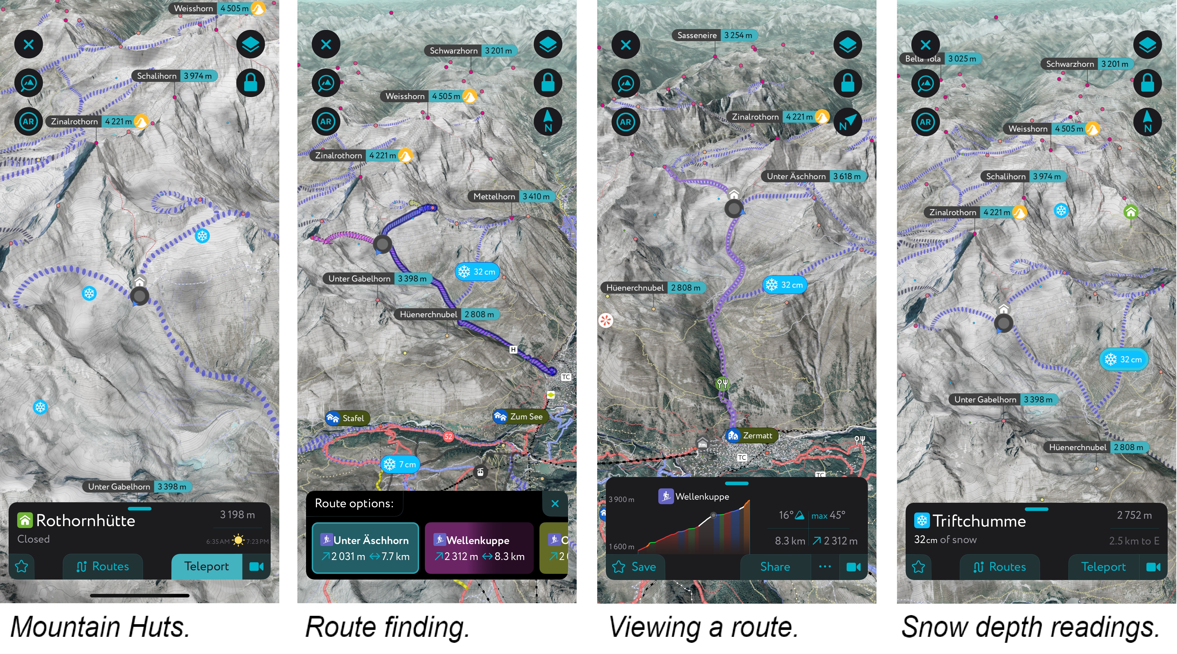 Mountain Huts. Route finding. Viewing a route. Snow depth readings.