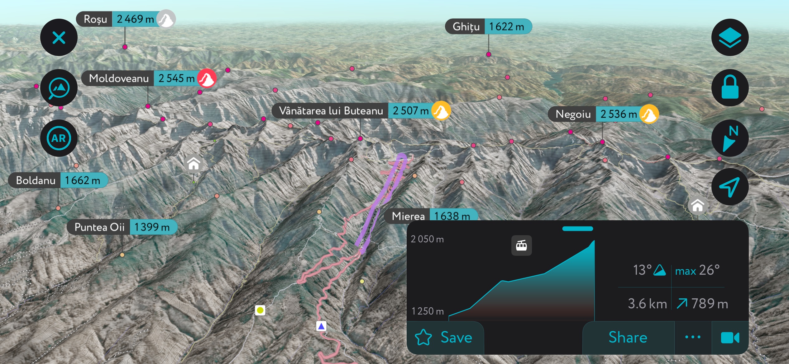 The Transfăgărașan Highway and Balea Lake Cable Car on PeakVisor’s mobile app. Fagaras Mountains