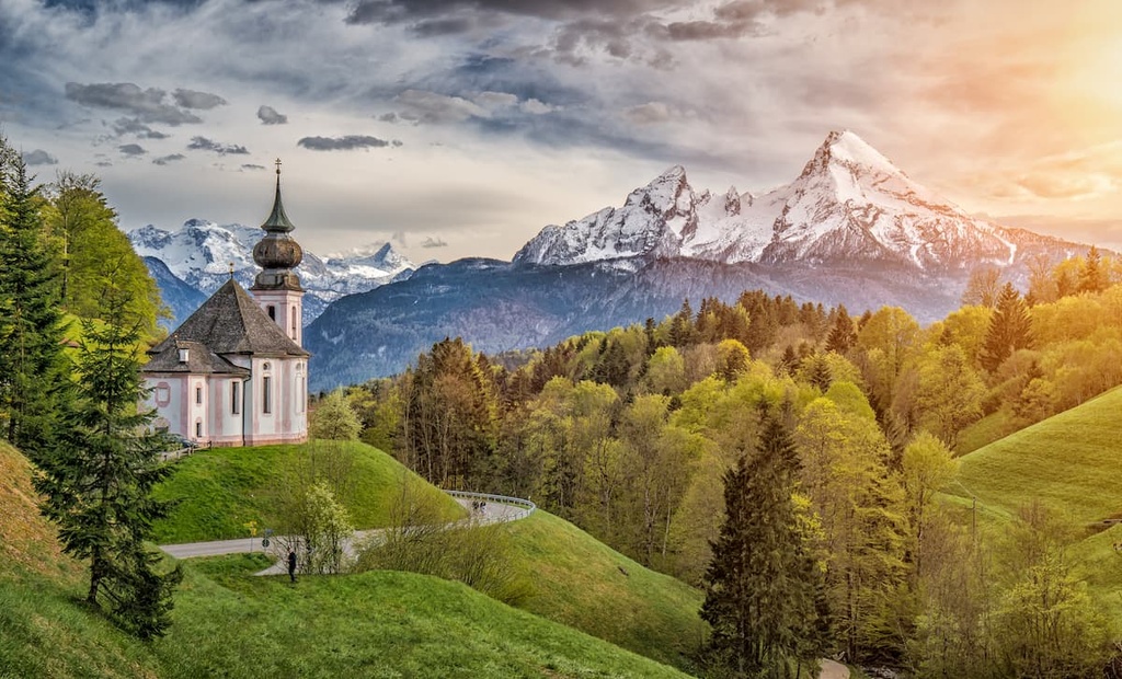 Bavarian Alps with famous pilgrimage church of Maria Gern and Watzmann massif, Bavaria, Germany