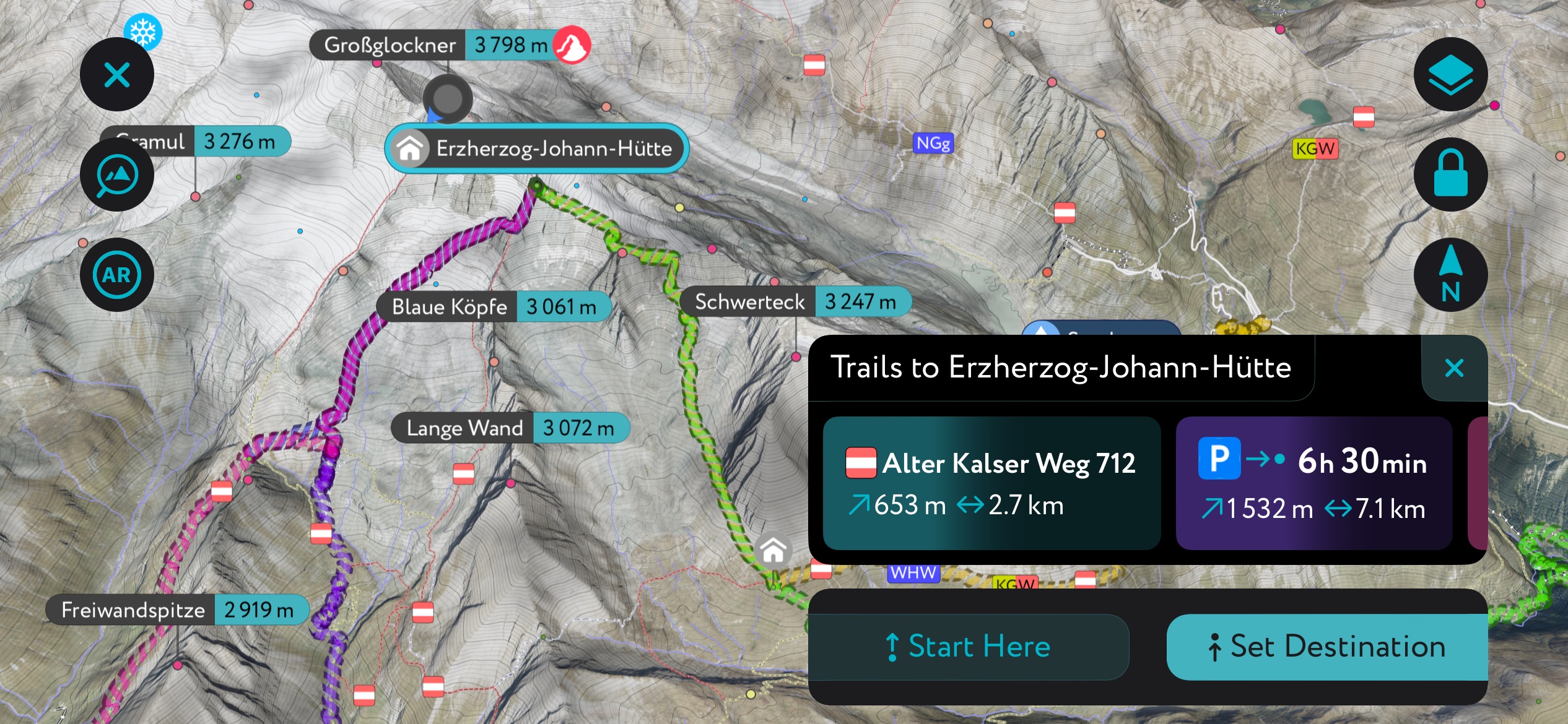 Erzherzog Johann Hutte on Großglockner using PeakVisor’s mobile app. Glockner Group