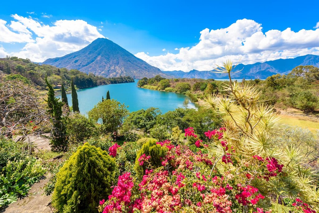 bay of Lake Atitlan with view to Volcano San Pedro. Guatemala