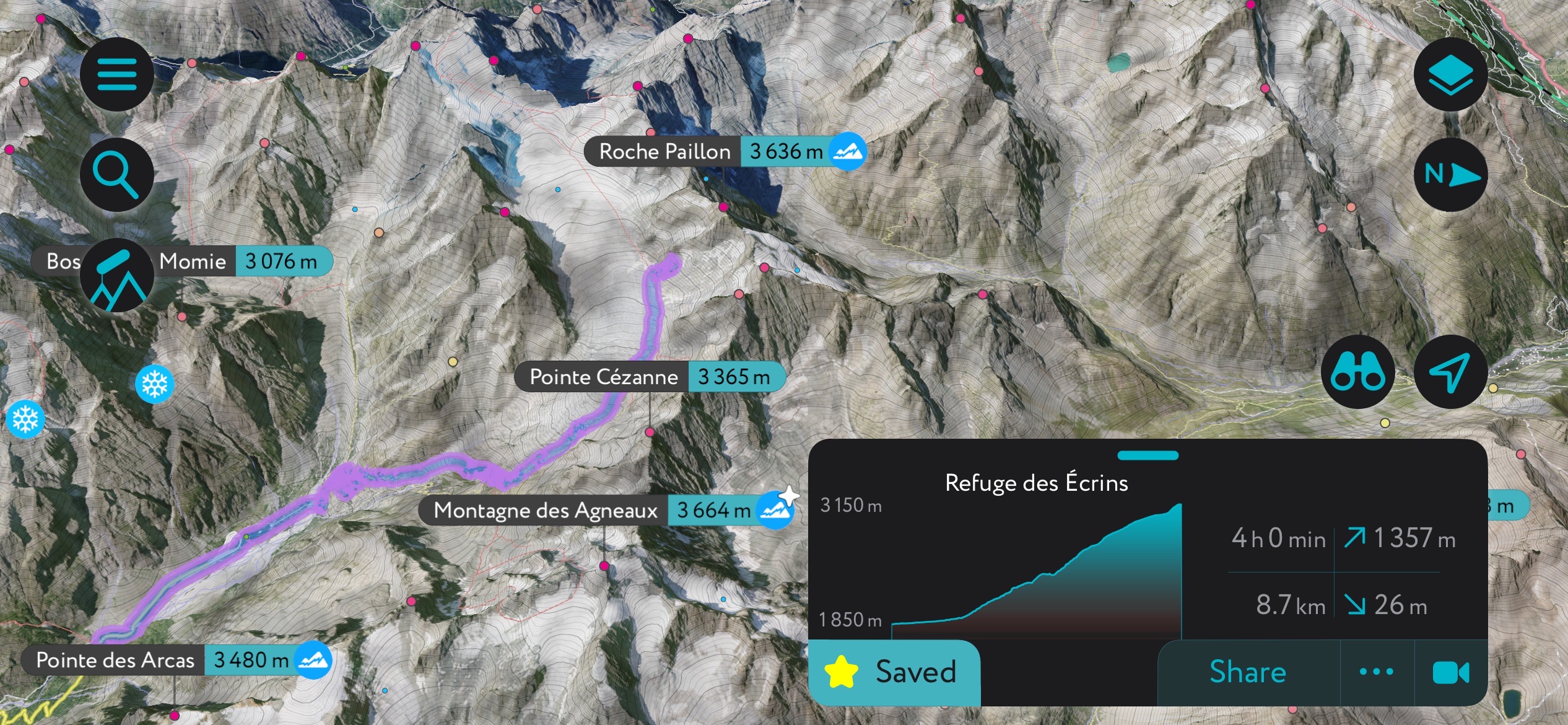 Our ascent route. You can Journal des Ecrins Ski