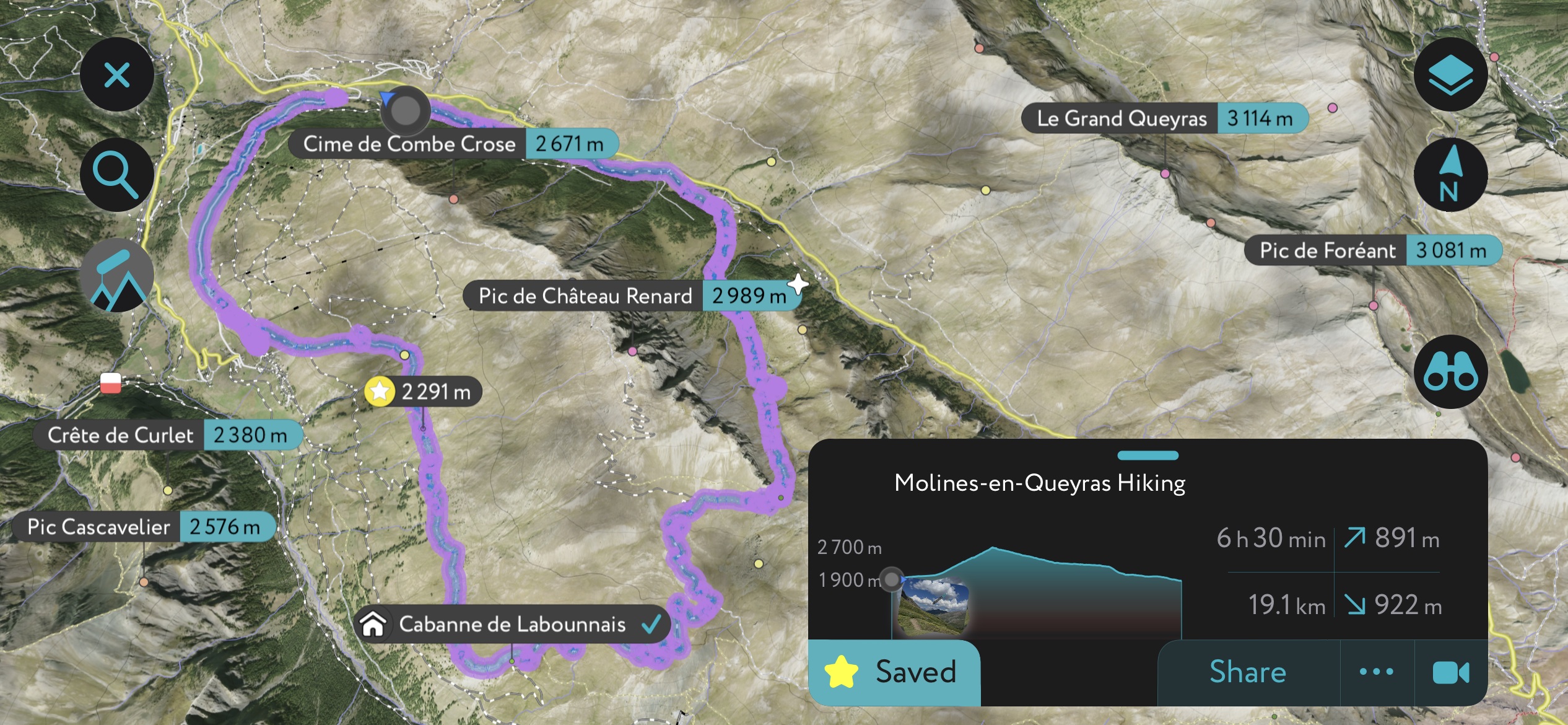 Our loop on the PeakVisor App. Hiking in the French Queyras