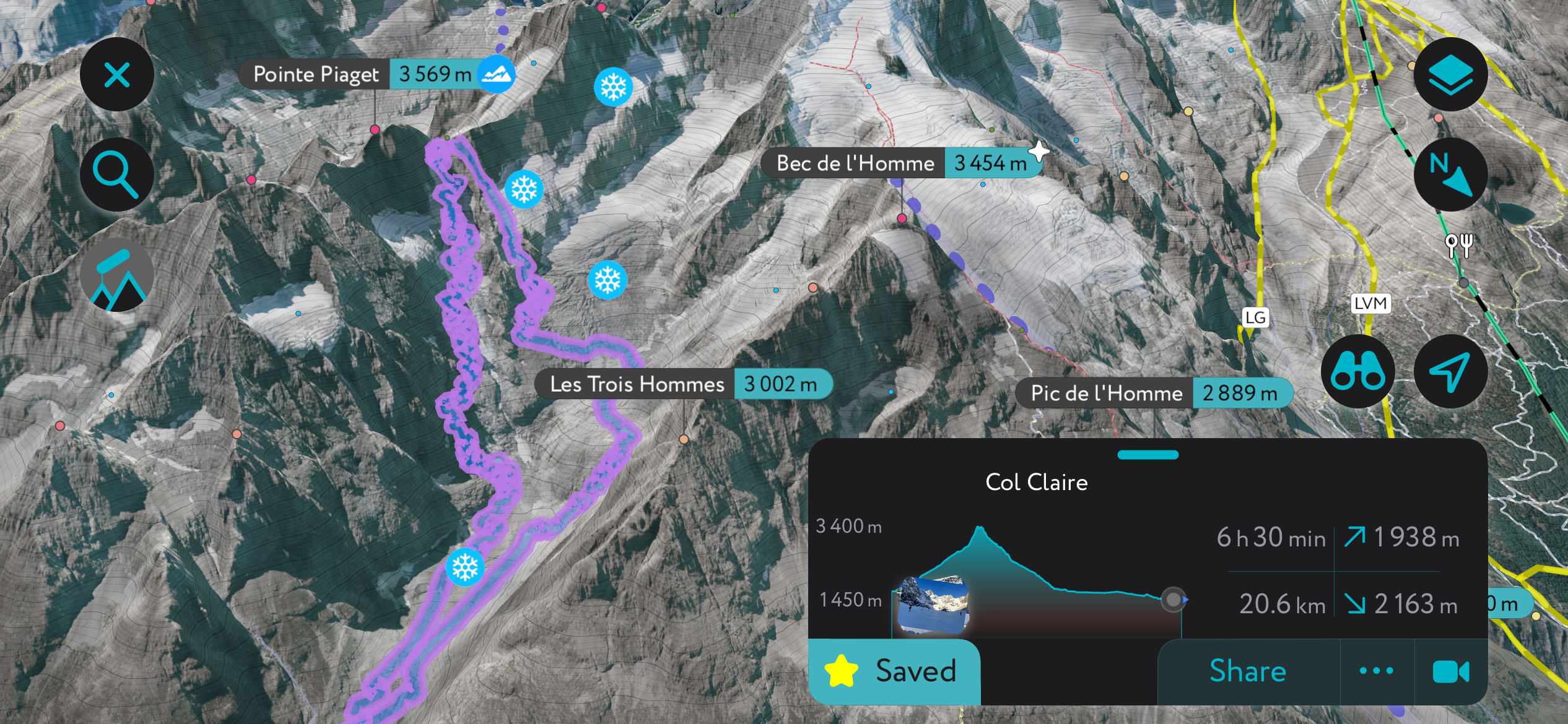Our route up the Col Claire on the PeakVisor App. Journal des Ecrins: Col Claire Ski Descent