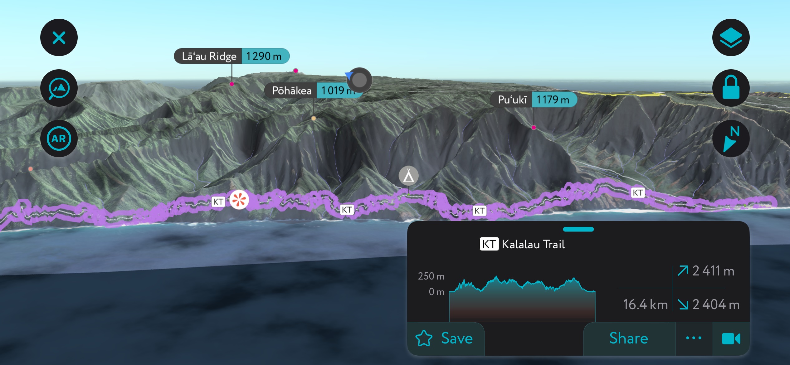 Na Pali Coast using PeakVisor’s mobile app. Kauai County
