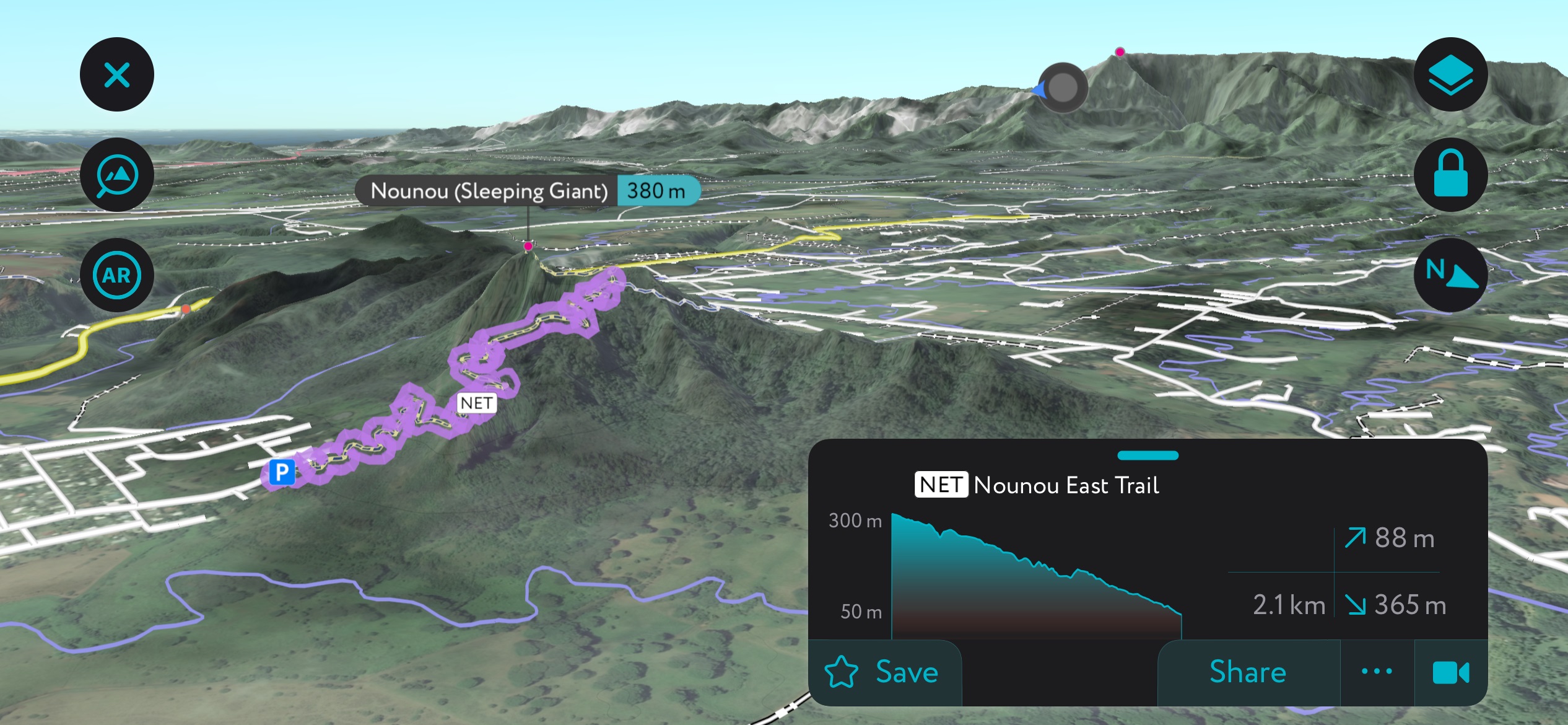 A Sleeping Giant using PeakVisor’s mobile app. Kauai County