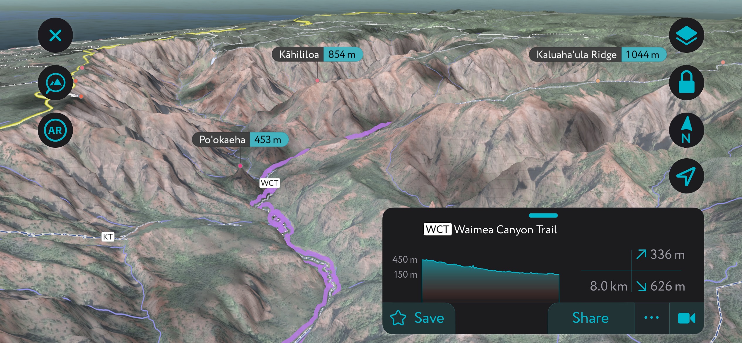 A generation of Waimea Canyon using PeakVisor’s mobile app. Kauai County