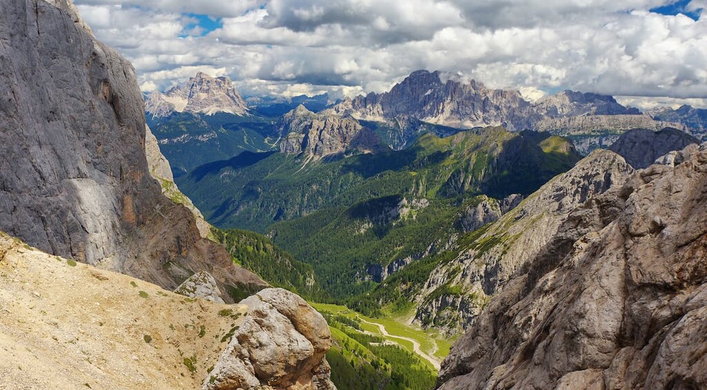 View of Dolomites from Pass de Ombretta towards Civetta and Pelmo peaks, Marmolada