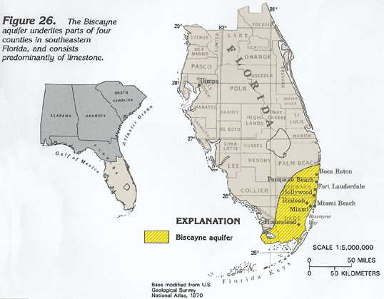 A USGS map illustrating the Biscayne Aquifer. Miami-Dade County