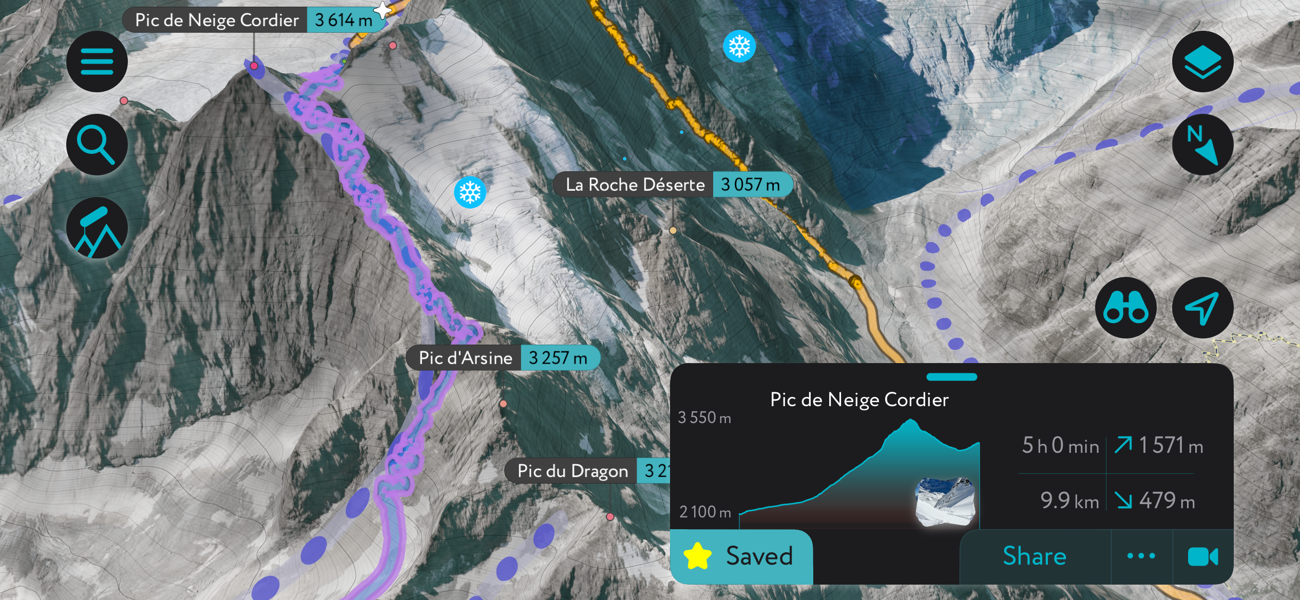 Our route up Neige Cordier on the PeakVisor App. Journal des Ecrins Neige Cordier
