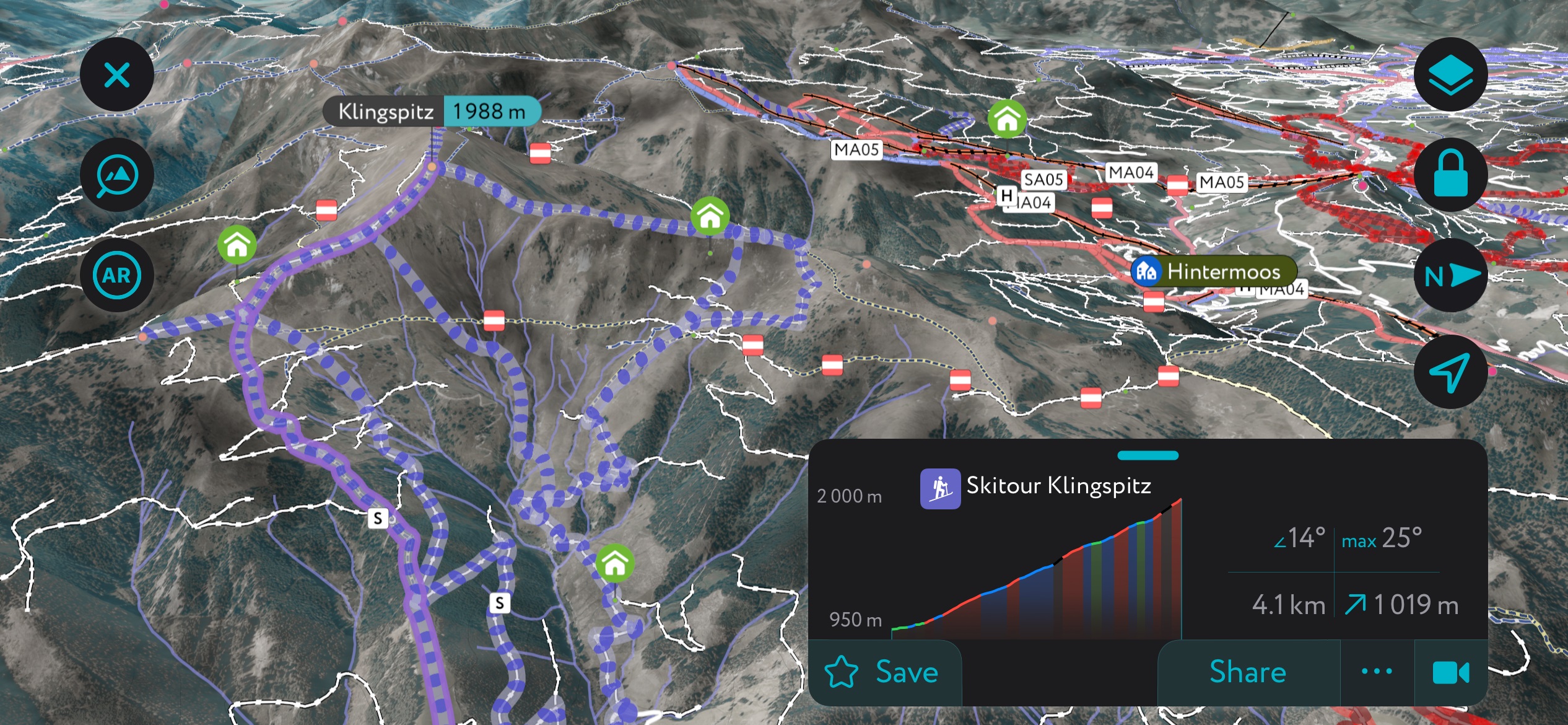 PeakVisor app features thousands of ski touring. Northern Salzburg