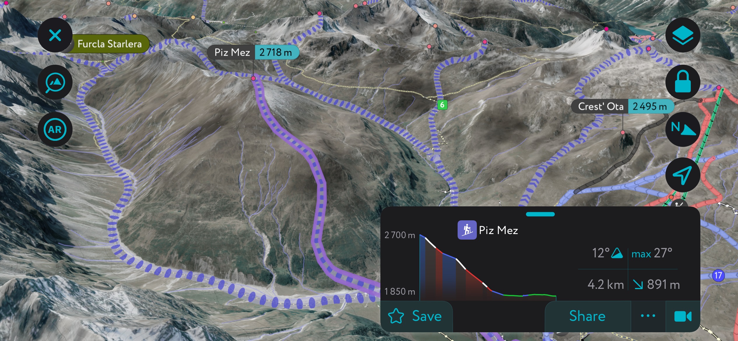 An example of the information panel included for each ski tour. Oberhalbstein Alps