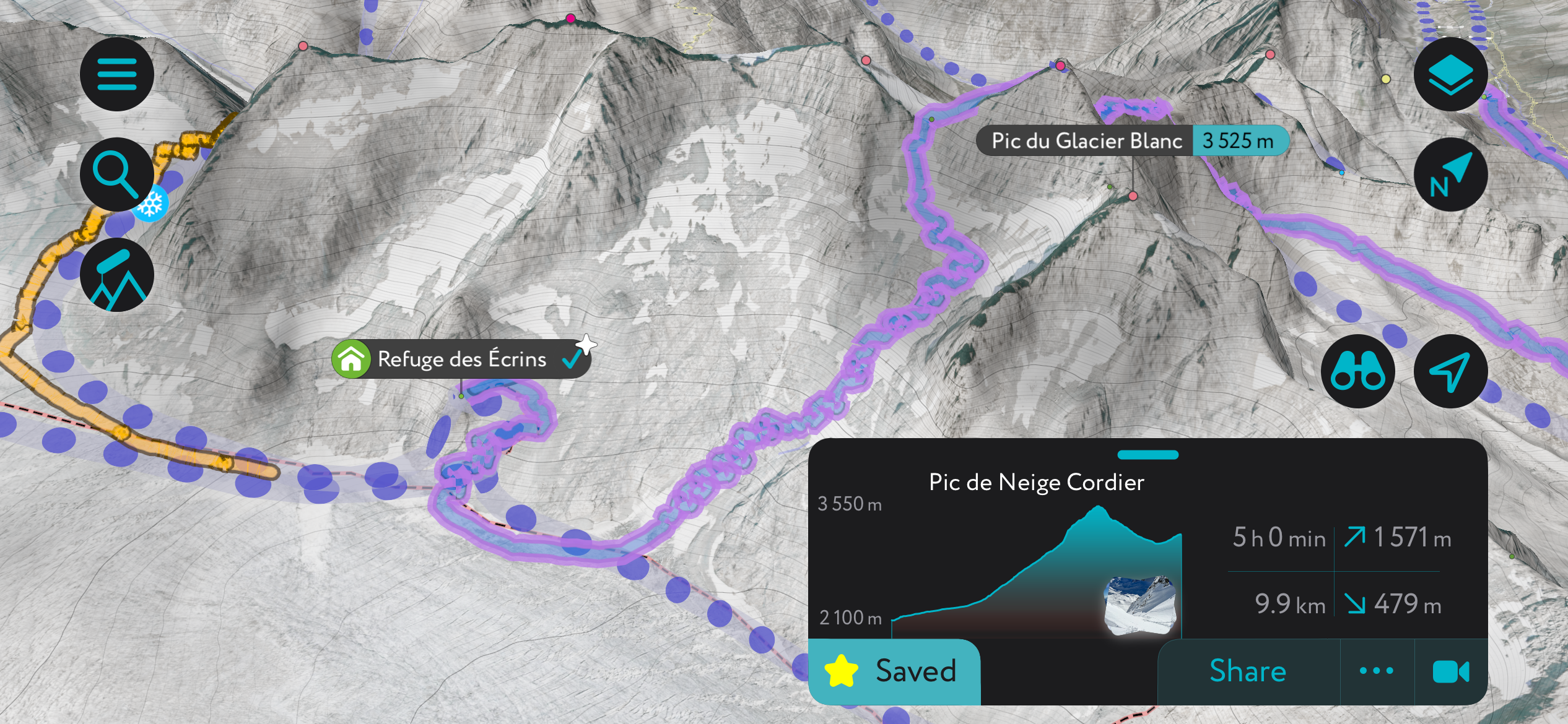 Our route down to the Refuge des Écrins on the PeakVisor App. Journal des Ecrins Neige Cordier