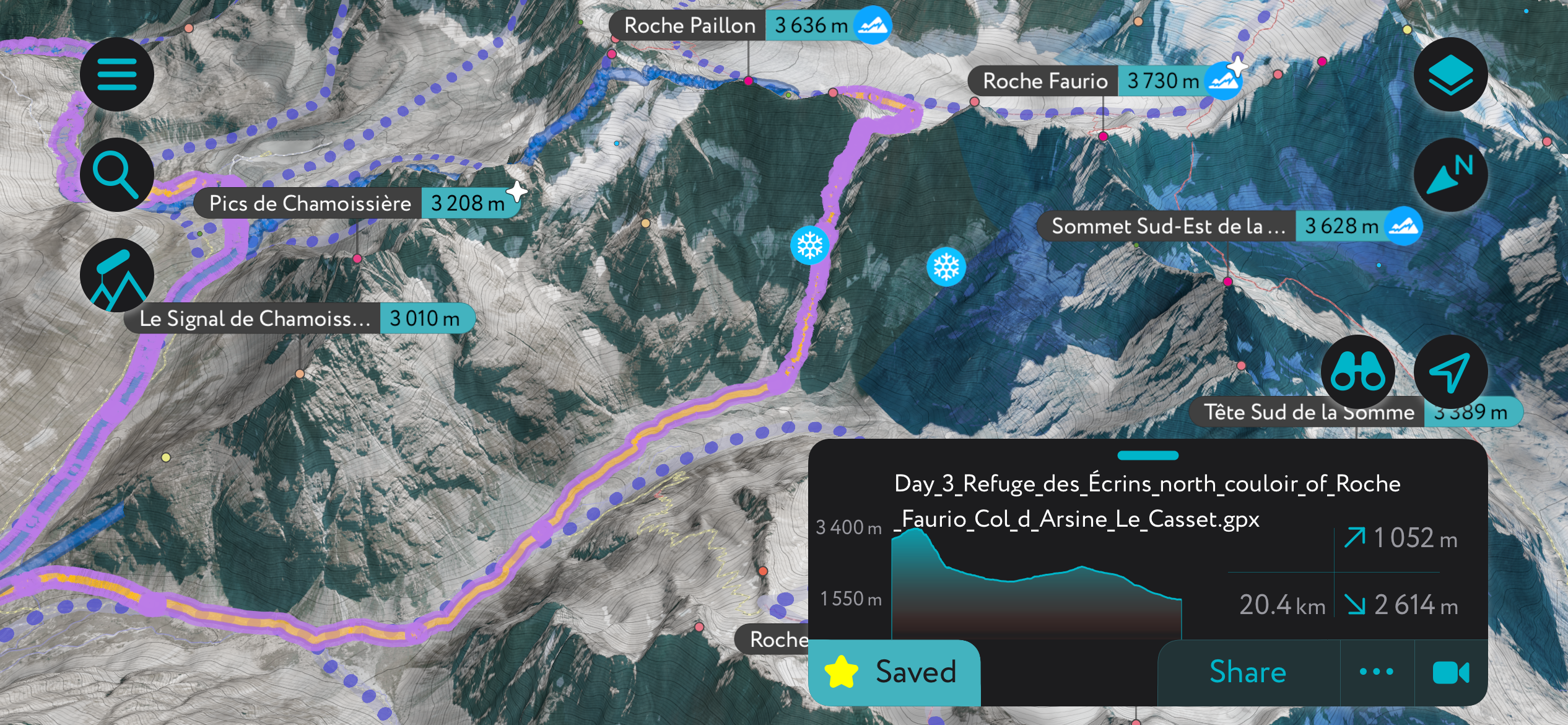 Our route down the Roche Faurio on the PeakVisor App. Journal des Ecrins Neige Cordier