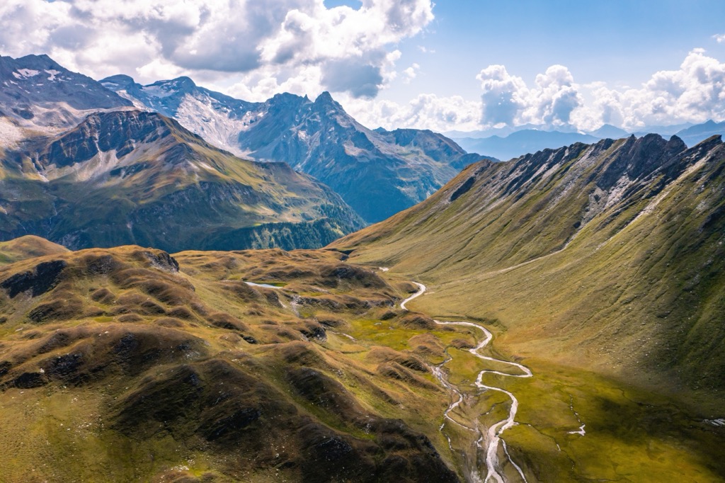 Aerial view of the Greina Plateau towards Capanna Michela Motterascio. Adula Alps