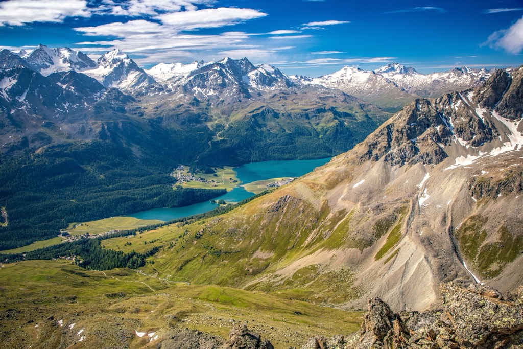 The view towards Silvaplanersee (Lej da Silvaplauna) and the Bernina Range from atop Piz Nair (3,056 m / 10,026 ft). Albula Alps