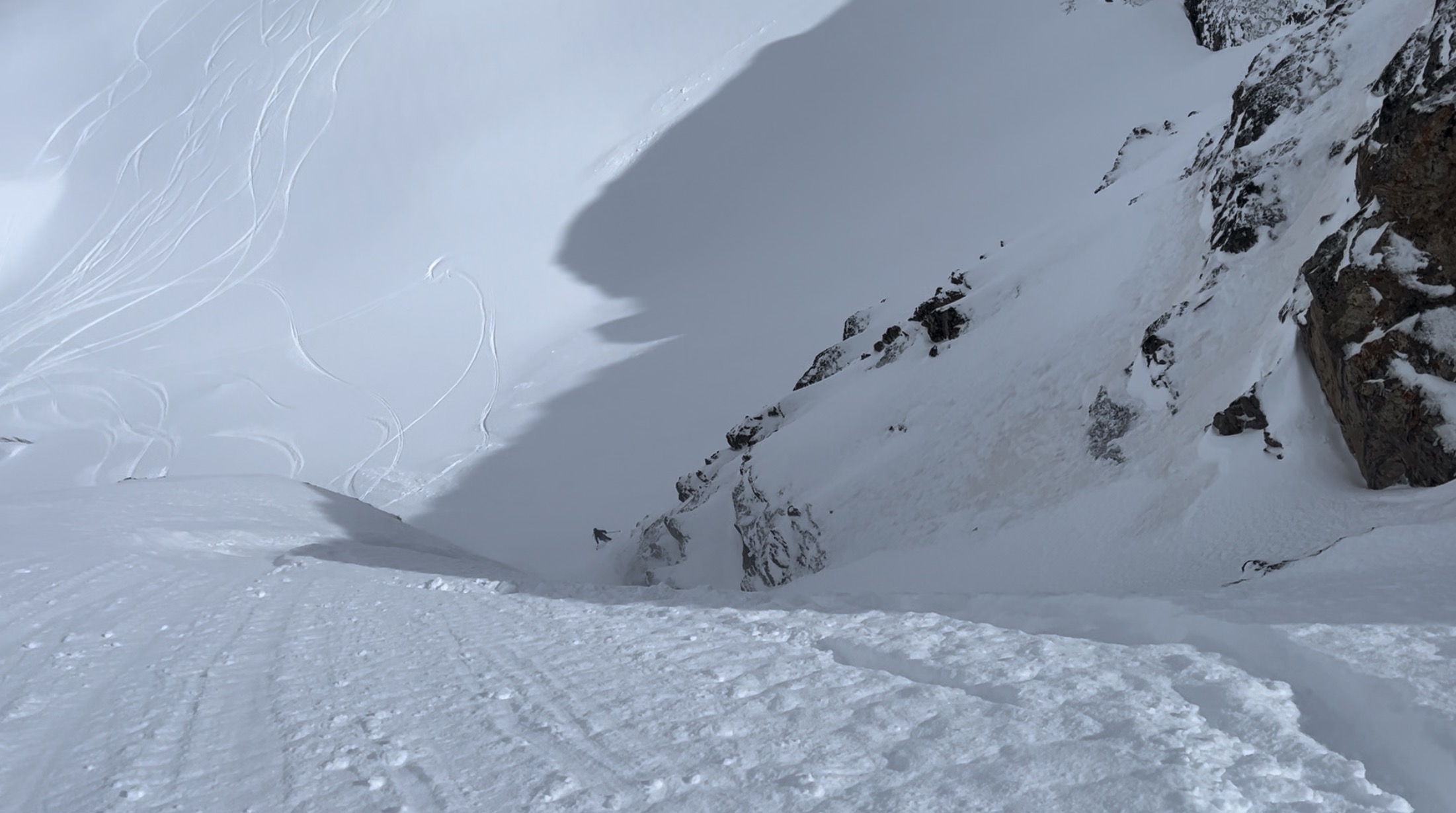 Skiing steeps on a March powder day. Photo: Sergei Poljak. Alpe d Huez Ski Resort