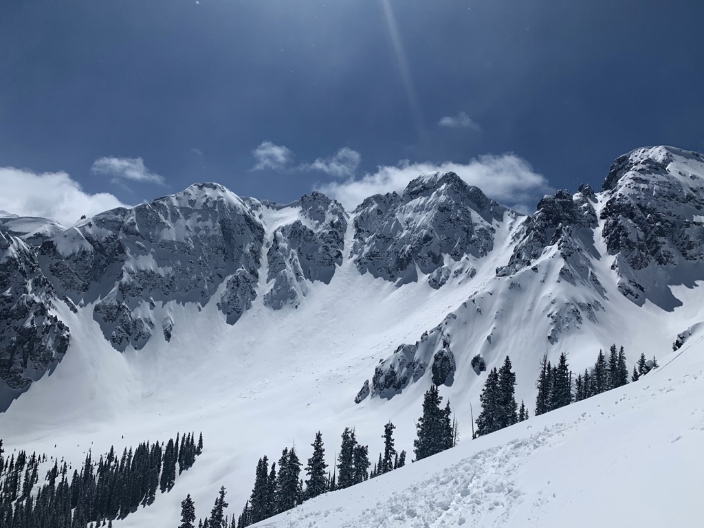 Upper Waterfall Canyon as seen from the top of Mustang. Yes, those couloir are skiable, but the approach lies on the other side of the ridge, coming from Trout Lake. Photo: Sergei Poljak. Backcountry Telluride