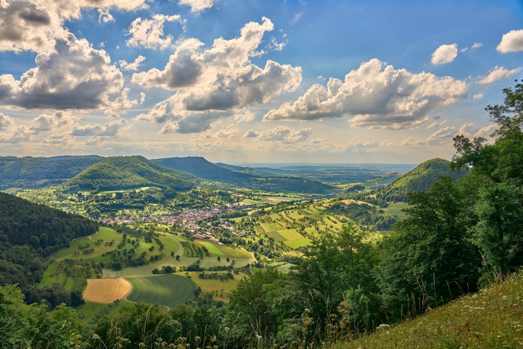 Swabian Alb above village of Neidlingen, Baden-Württemberg, Germany