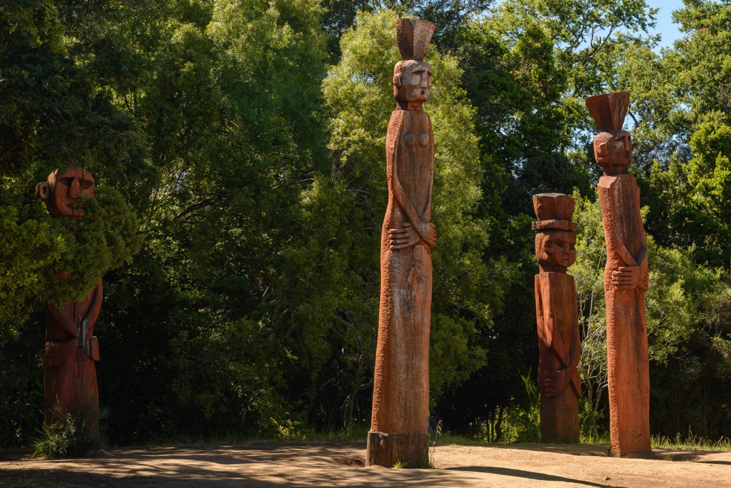 Chemamules, wooden statues at Nielol hill, Temuco, Chile