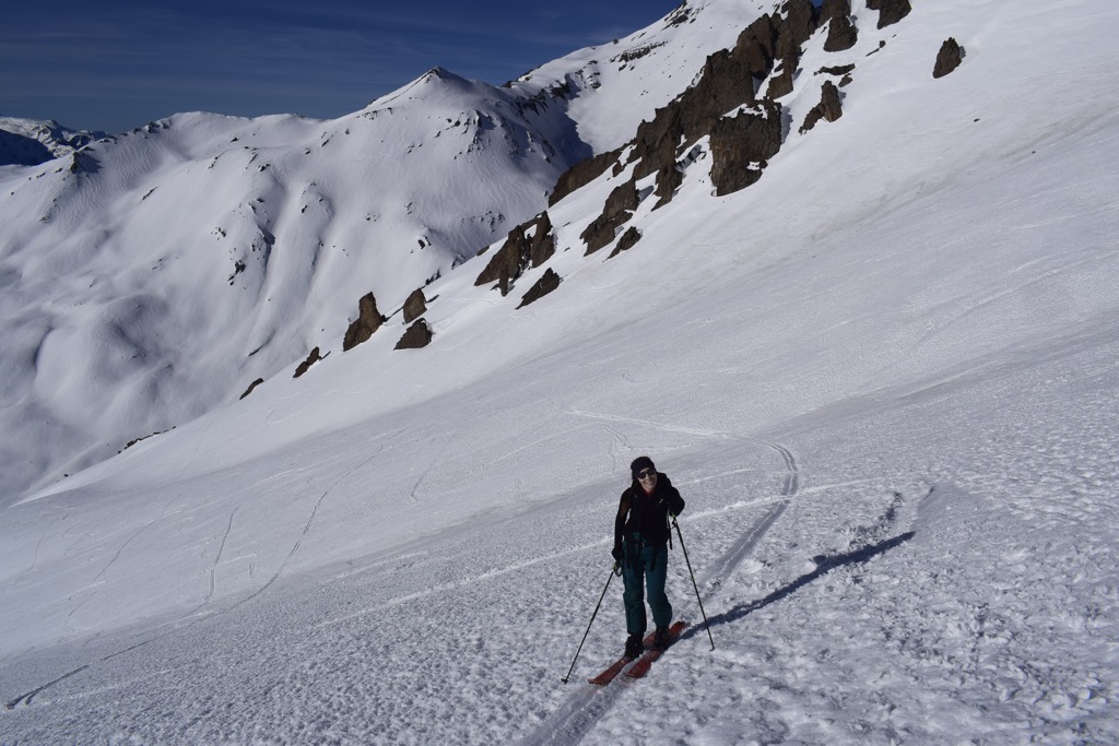 Anna skinning up the Aiguille d’Argentiere. Photo: Sergei Poljak. Refuge du Goleon 