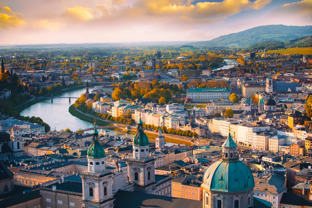 Downtown Salzburg. Dachstein Mountains