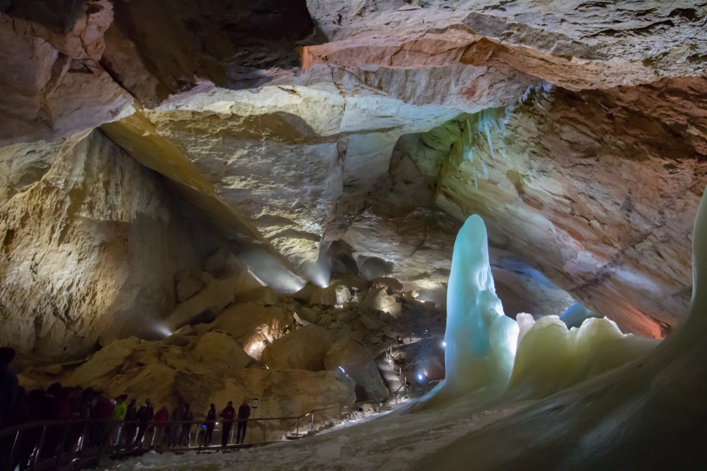 Prominent ice features define the Dachstein’s Mammut Cave. Dachstein Mountains