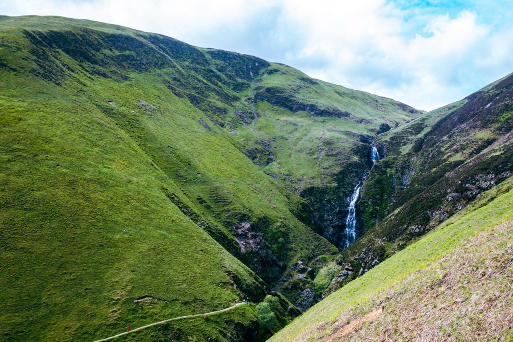 An aerial view of Grey Mare’s Tail Waterfall in the Moffat Hills. Dumfries and Galloway