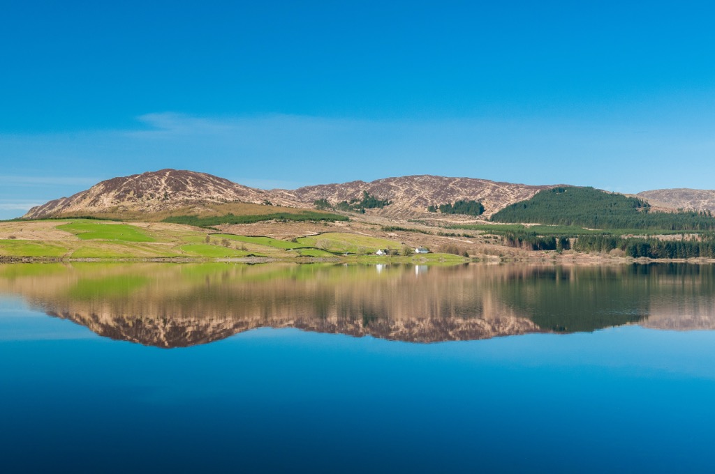 The view across Clatteringshaws Loch, the largest loch in Galloway Forest Park. Dumfries and Galloway
