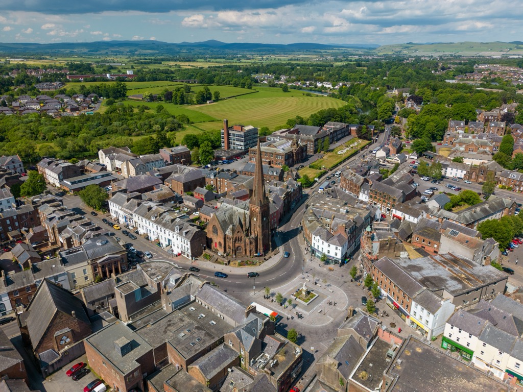 Bird’s-eye view of Dumfries town center. Dumfries and Galloway