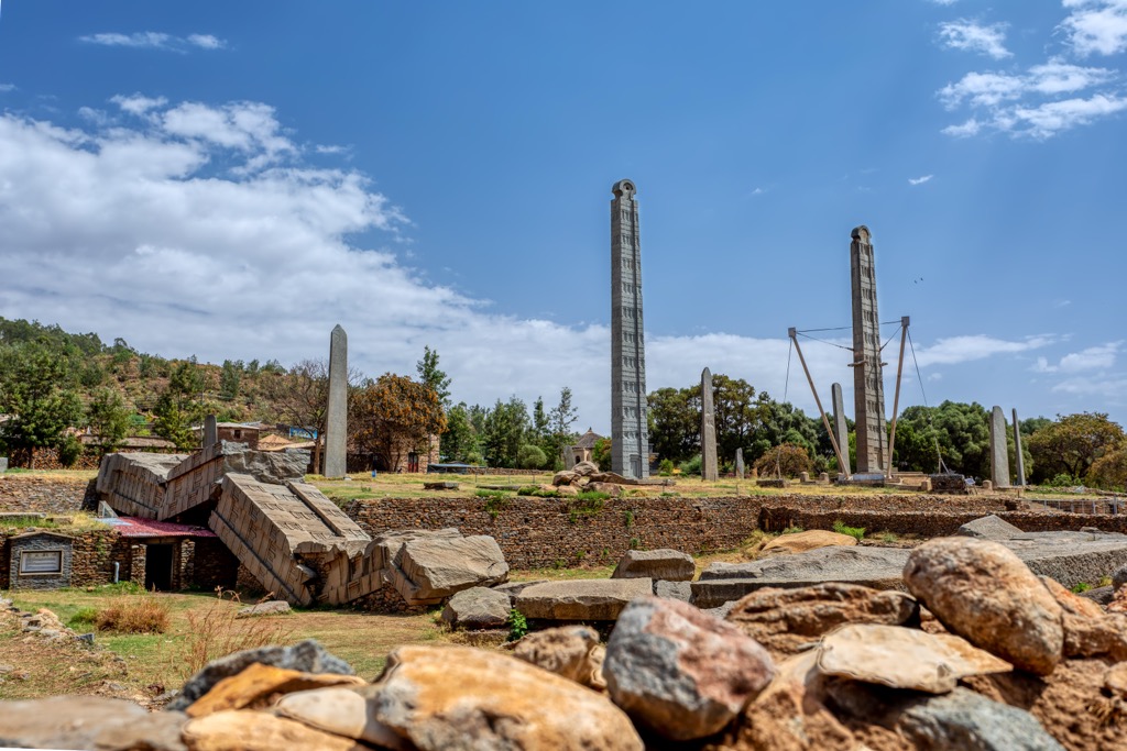 Ruins of ancient Aksumite Kingdom monoliths (stelae). Ethiopia Mountains