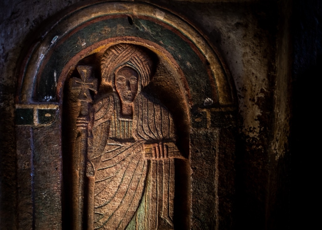 Christian iconography carved into stone in Lalibela. Ethiopia Mountains