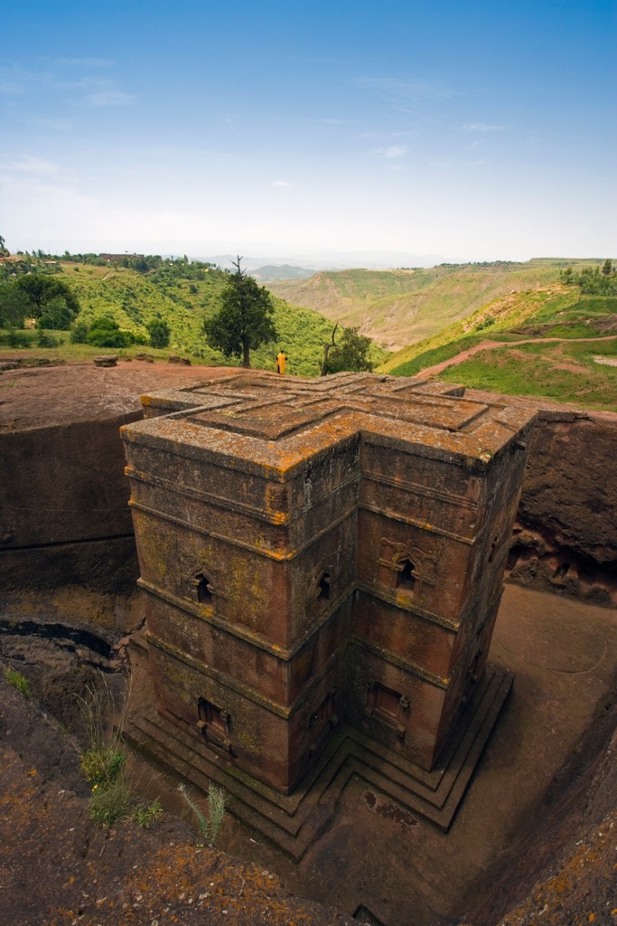 One of the extraordinary rock-hewn churches of Lalibela (Bet Giyorgis, or St. George). Ethiopia Mountains