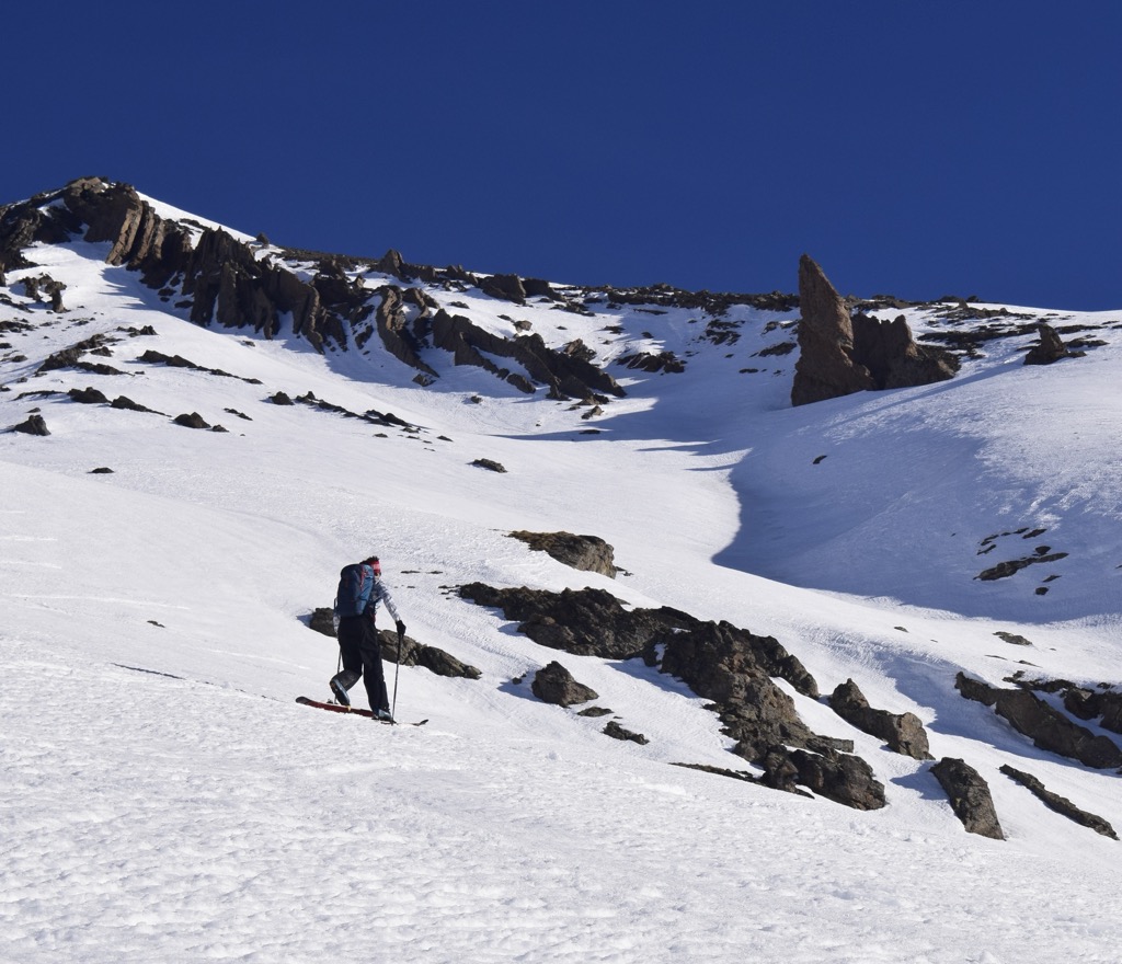 Refrozen corn snow requires careful technique. Photo: Anna Lochhead. Faster Ski Touring