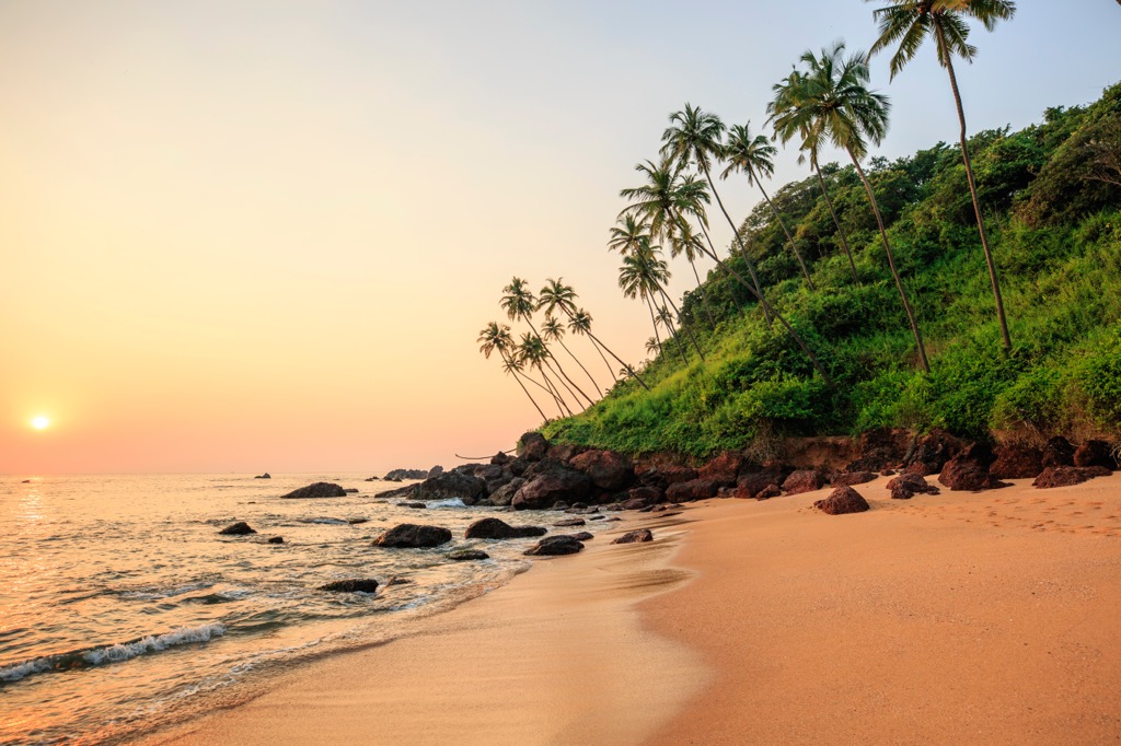 Cola Beach, South Goa, at sunset. Goa Mountains