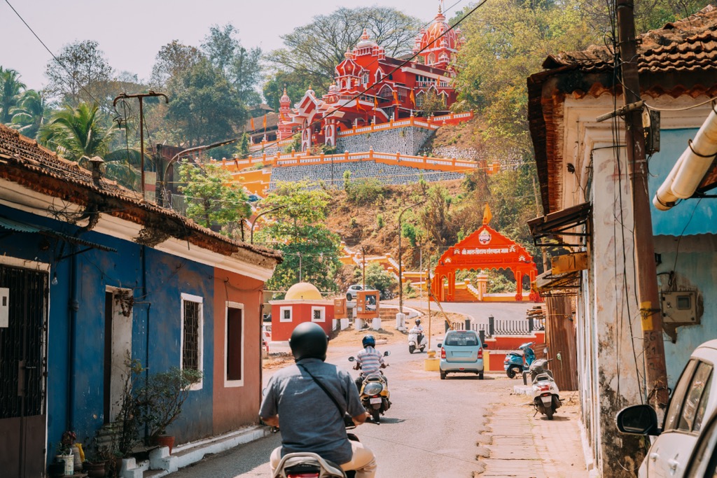 Colorful cityscape scene in the streets of Panaji. Goa Mountains