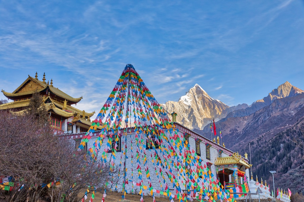 Yaomei Peak with a Tibetan Buddhism temple, Hengduan Mountains, China